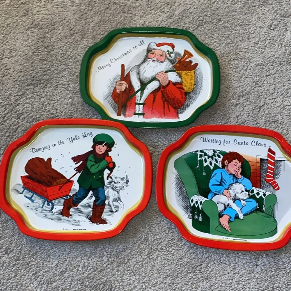 Vintage JSNY Christmas Metal Cookie Snack Tray Set ‎ Hong Kong Made (3)